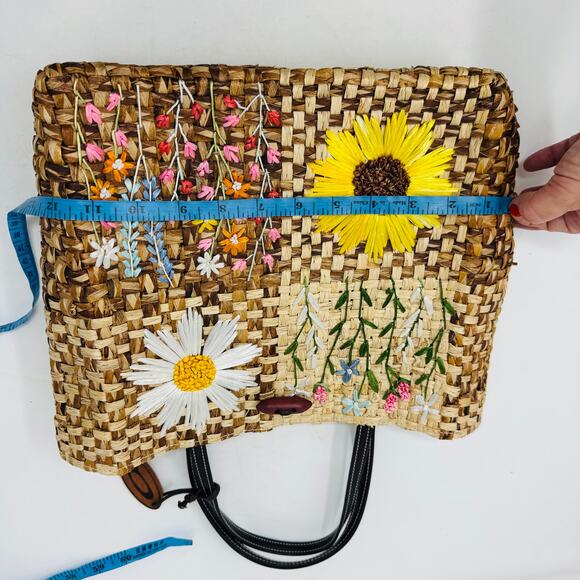 August Woven Straw Mini Tote Bag Embroidered Floral Boho Made in Philippines - Picture 13 of 14